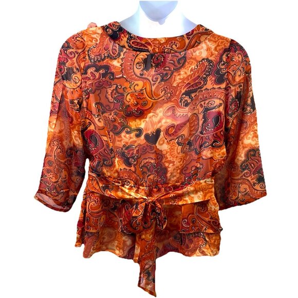 CINDY AMBUEHL QVC Womens Blouse Orange Ruffle Tie Waist Boho Sheer Sz XL NWT - Picture 3 of 11